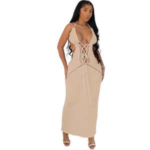 Lace-Up Sexy Knit Dress - Apricot