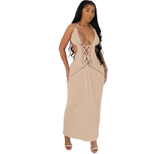 Lace-Up Sexy Knit Dress - Apricot