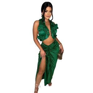 Wavy Halter Top set - deep green